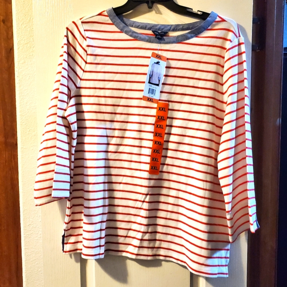 NWT Nautica Plus Womens XXL  Striped 3/4 sleeve Shirt